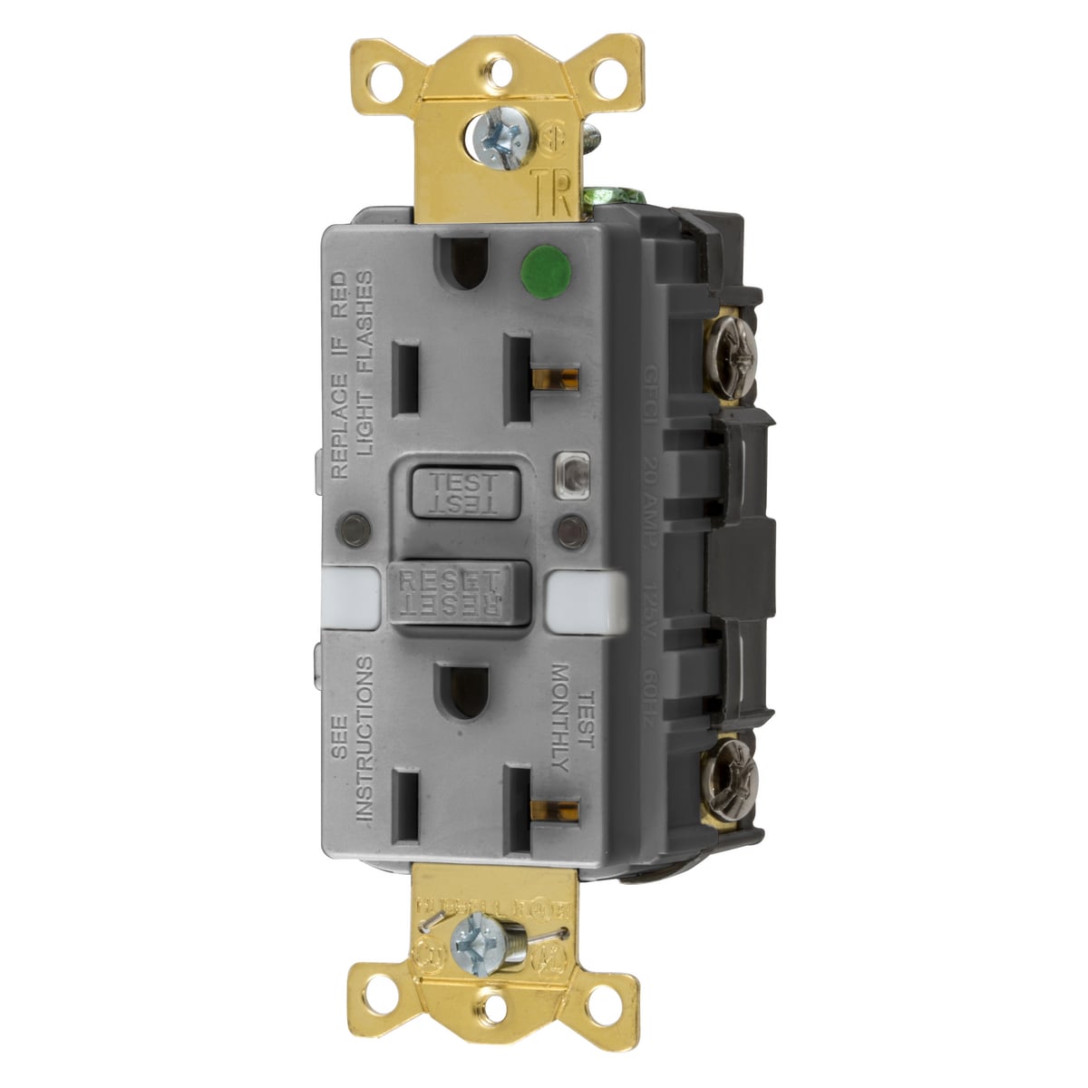 GFTRST83GYNL 1-Phase Straight Blade Self-Test Tamper-Resistant Standard Style Line GFCI Receptacle, 125 V AC, 20 A, 2 Poles, 3 Wires, Gray