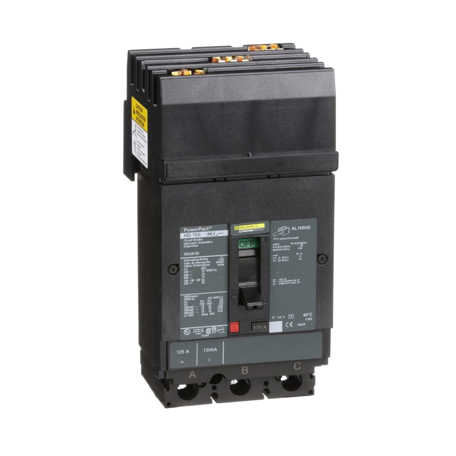 HDA36125 PowerPact 80% Rated Type HDA Molded Case Circuit Breaker, 600 V AC/250 V DC, 125 A, 25 kA at 240 VAC/18 kA at 480 VAC/14 kA at 600 VAC/20 kA at 250VDC Interrupt, 3 Poles, Thermal Magnetic Trip