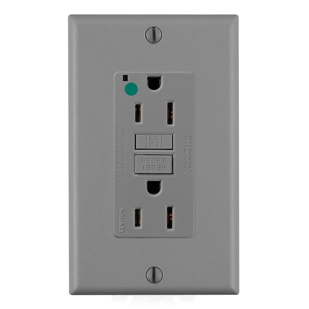 GFNT1-HGG SmartlockPro Slim Feed Through Non-Tamper Resistant Self-Test GFCI Receptacle, 125 V AC, 15 A, 2 Poles, 3 Wires, Gray