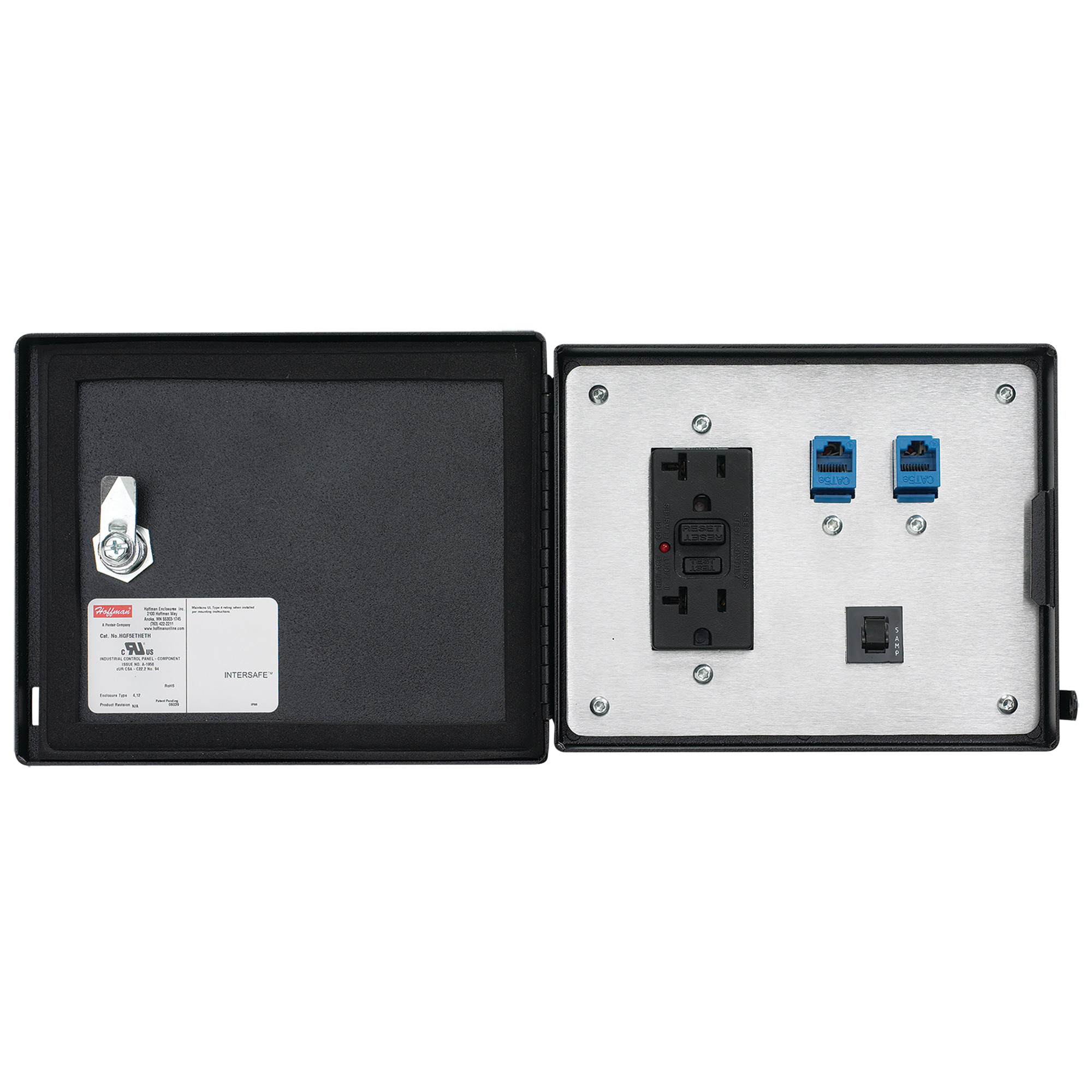 HGF5ETHETH InterSafe A70E Dual Data Interface Port, Ethernet Protocol Outlet, 120 VAC GFCI Receptacle/RJ45/5 A Circuit Breaker Configuration