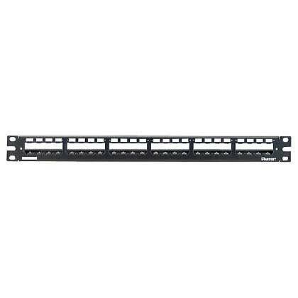 CP24WSBLY Mini-Com PanNet 1RU All Metal Flat Shielded Modular Patch Panel With Black Built-In Strain Relief Bar, 24 Ports, Stainless Steel