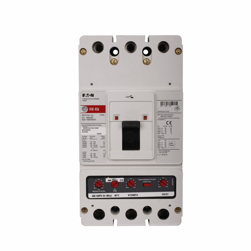KW3400WS44X38Y02 C Series Type KW Molded Case Circuit Breaker, 600 V AC/250 V DC, 400 A, 45 kA Interrupt, 3 Poles, Thermal Magnetic Trip