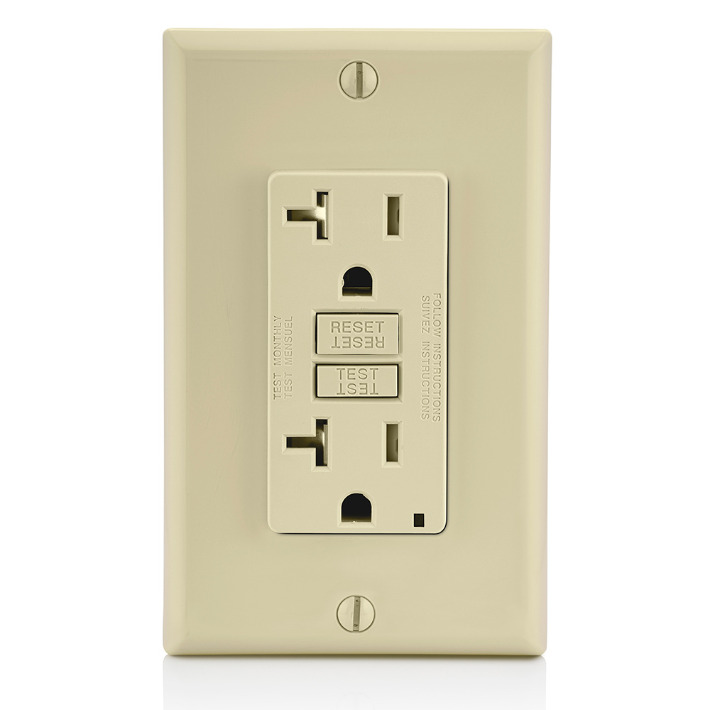 GFTR2-FI Decora Self-Test Tamper-Resistant GFCI Receptacle With LED Indicator Light, 125 V AC, 20 A, 2 Poles, 3 Wires, Ivory