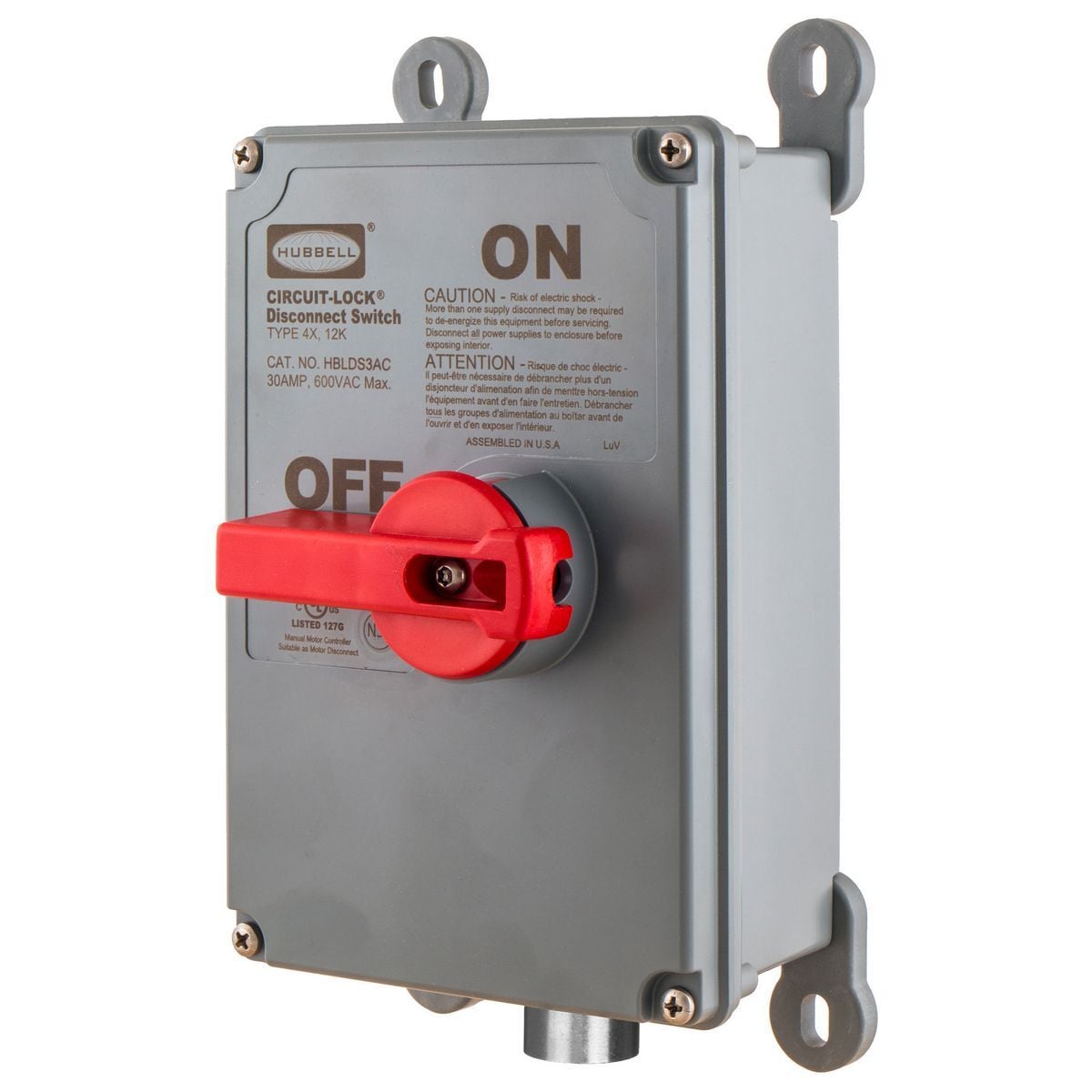 HBLDS3MQR Labelless Non-Metallic Standard Unfused Enclosed Disconnect Switch With LINKOSITY (1) Pre-Wired Female Receptacle, 600 V, 30 A, 15 hp, 3 Poles