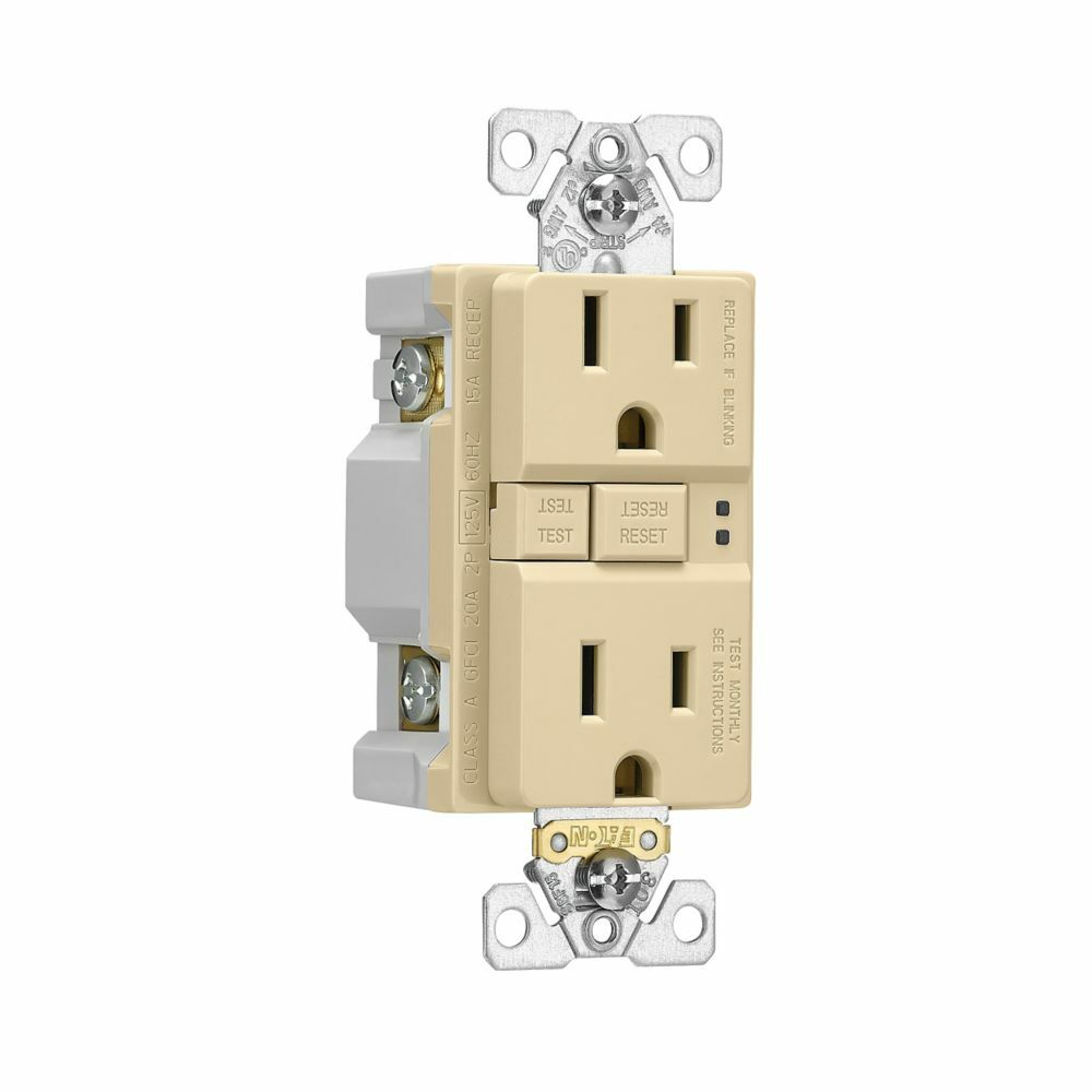 Eaton ground fault circuit interrupter receptacle, Box, 15A, 125V, Back wire and side wire, GFCI, Ivory, Brass, Receptacle, Tamper resistant, PVC, 5-15R, Two-pole, three-wire, grounding