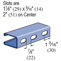 P5000T-10PG Slotted Strut Channel, 10 ft x 1-5/8 inch x 3-1/4 inch, Pre-galvanized Steel, 12 Gauge