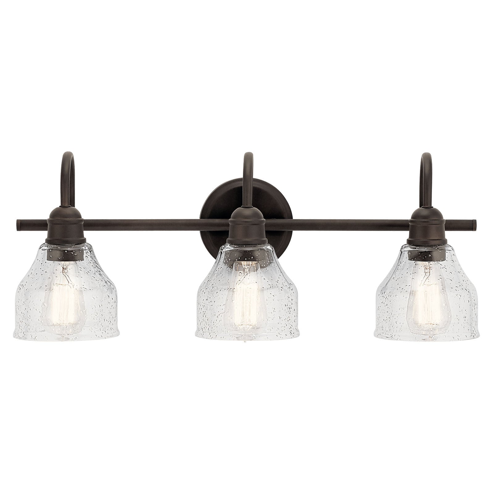The Avery 24in; 3 light vanity light features a classic look with its Olde Bronze finish and clear seeded glass. The vanity light can be installed with the glass up or down and is damp rated. The Avery vanity light is perfect in several aesthetic environments, including transitional and vintage industrial.