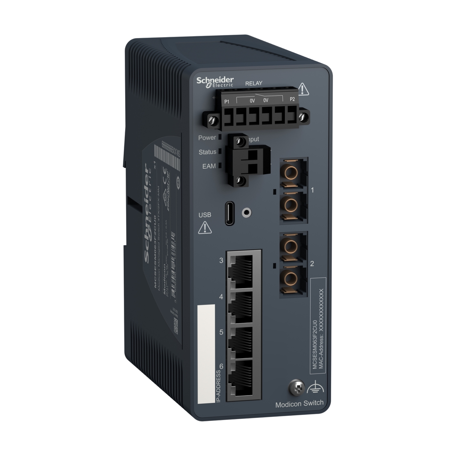 MCSESM063F2CU0 Modicon Transparent Ready Managed Switch, (2) 100BASE-FX, (4) 10/100BASE-TX Interface, Ethernet TCP/IP Protocol