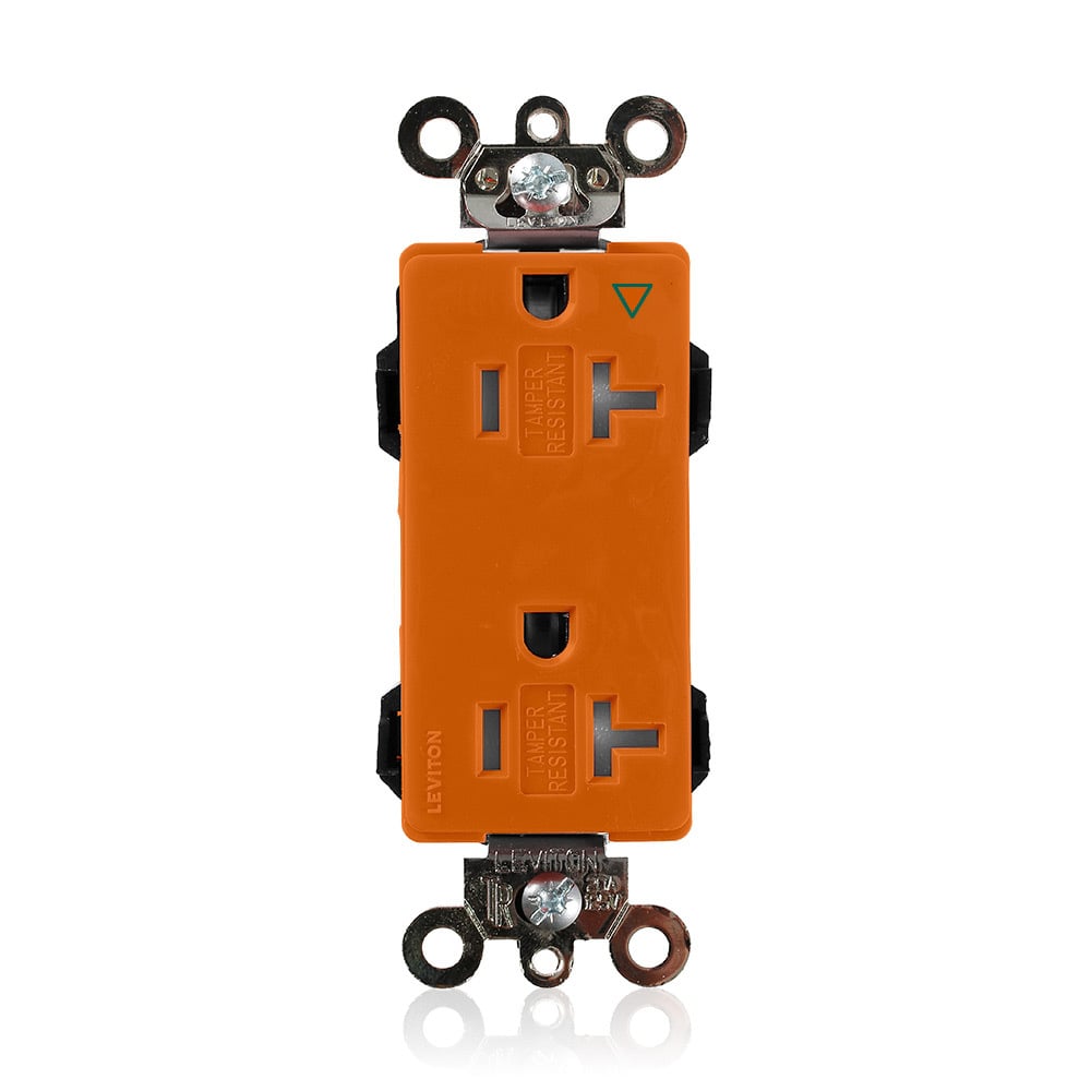 MT163-IG Decora Plus Lev-Lok 1-Phase Duplex Heavy Duty Isolated Self-Grounding Tamper Resistant Straight Blade Receptacle, 125 VAC, 20 A, 2 Poles, 3 Wires, Orange