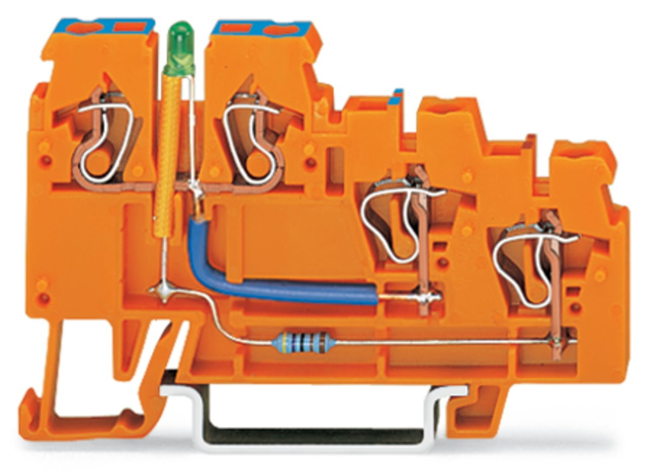 270-564/281-483 270 3-Conductor Terminal Block, 24 V DC, 4.8 mA, 28 to 12 AWG Wire, 4 Poles, DIN Rail Mounting