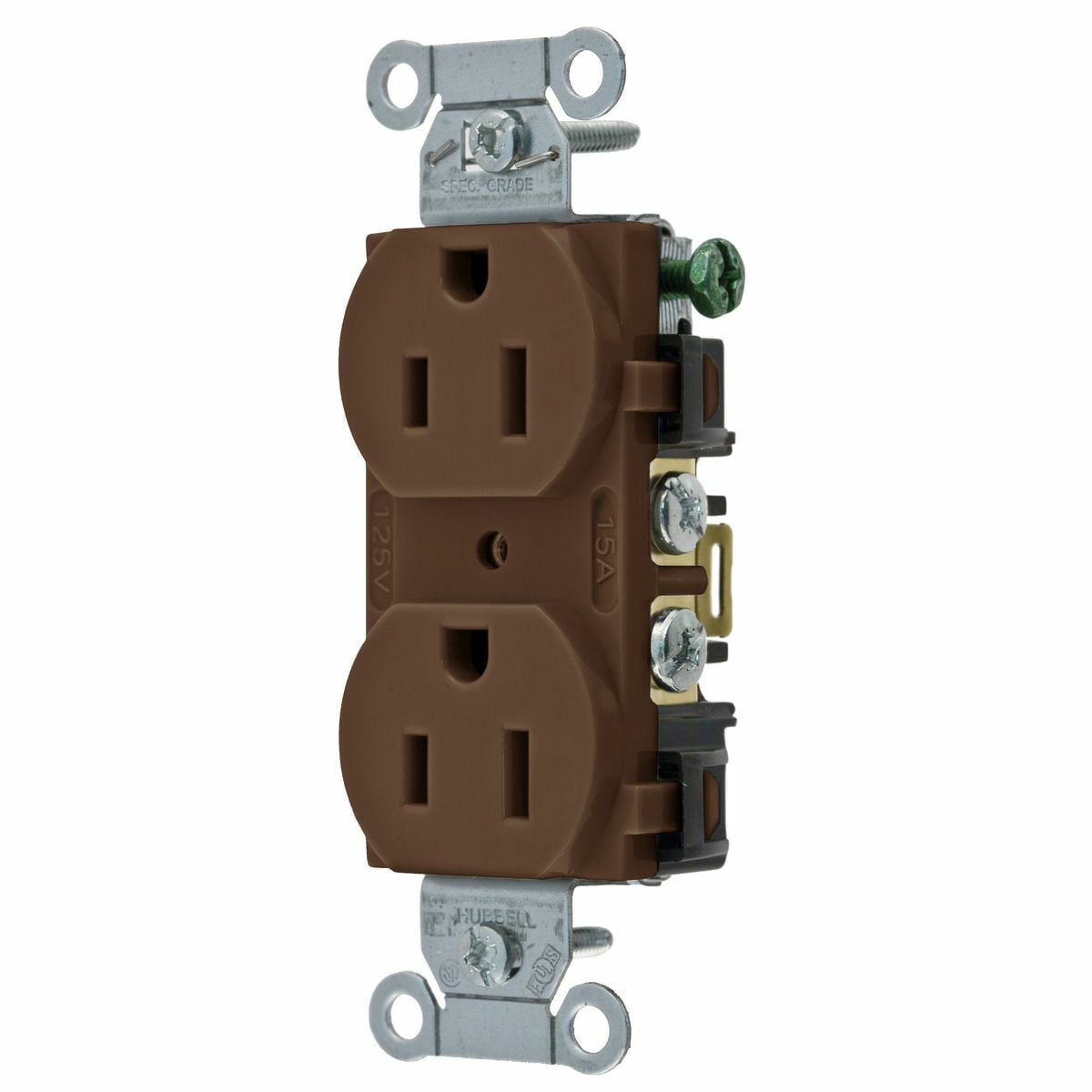 5252AB 1-Phase Duplex Heavy Duty Self-Grounding Standard Traditional Screw Mount Straight Blade Receptacle, 125 V AC, 15 A, 2 Poles, 3 Wires, Brown