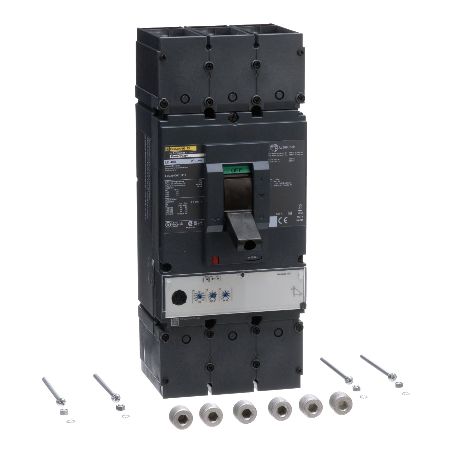 LDL36400CU31X PowerPact Type LDL Molded Case Circuit Breaker, 600 V AC, 400 A, 14 kA Interrupt, 3 Poles, Electronic Trip