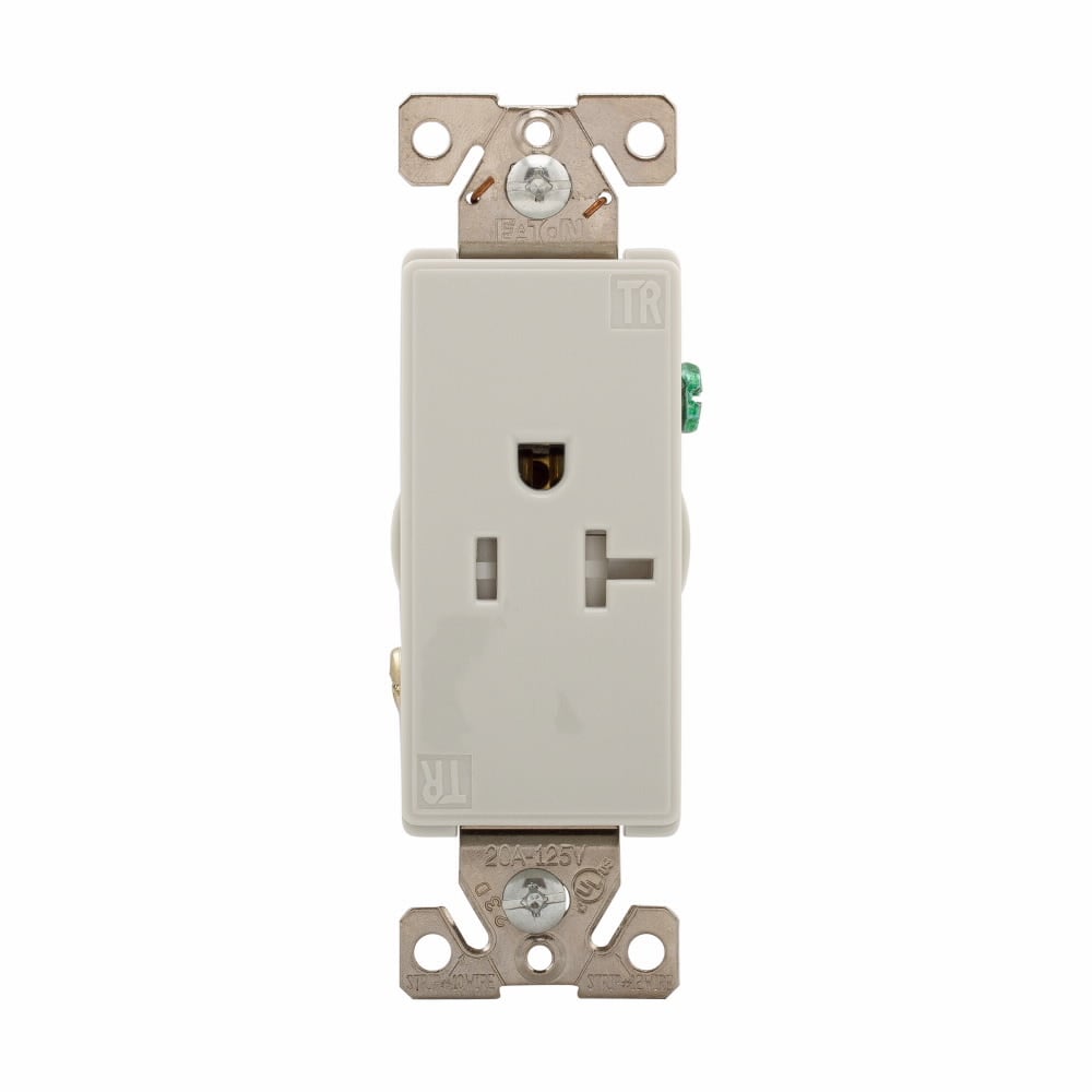 Eaton ASPIRE residential grade decorator single receptacle,Tamper resistant,#14-10 AWG,20A,Flush,125V,Back and side,White satin,Brass,High-impact nylon face,Polycarbonate base,5-20R,Two-pole,Three-wire,Single,Screw,Thermoplastic