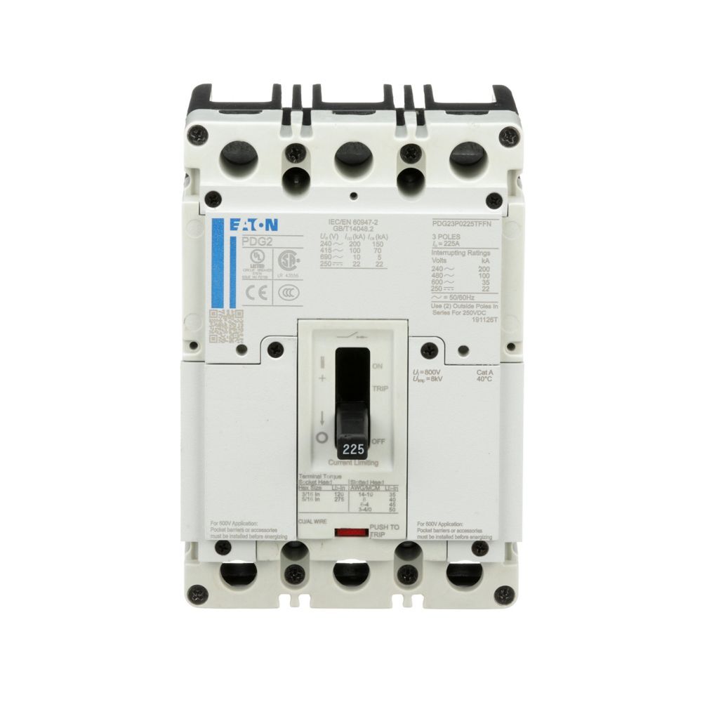 PDG23M0225TFFL Power Defense Molded Case Circuit Breaker, 600 V AC, 225 A, 65 kA Interrupt, 3 Poles, Thermal Magnetic Trip