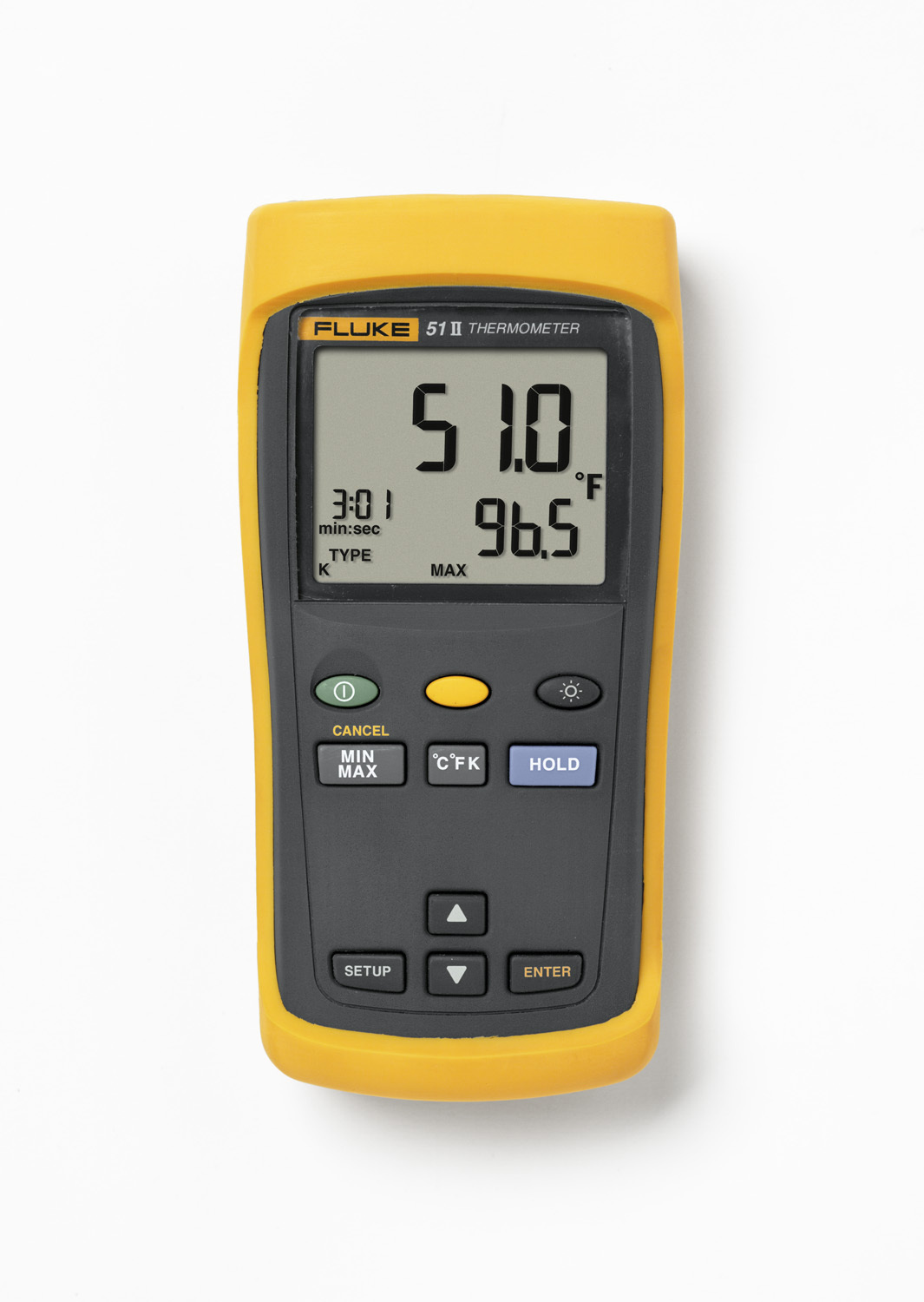 FLUKE-51-2-60HZ Digital Thermometer, 210 to 1200 deg C J-Type, 200 to 1372 deg C K-Type, 250 to 400 deg C T-Type, 150 to 1000 deg C E-Type, 200 to 1300 deg C N-Type, 0 to 1767 deg C R and S-Type