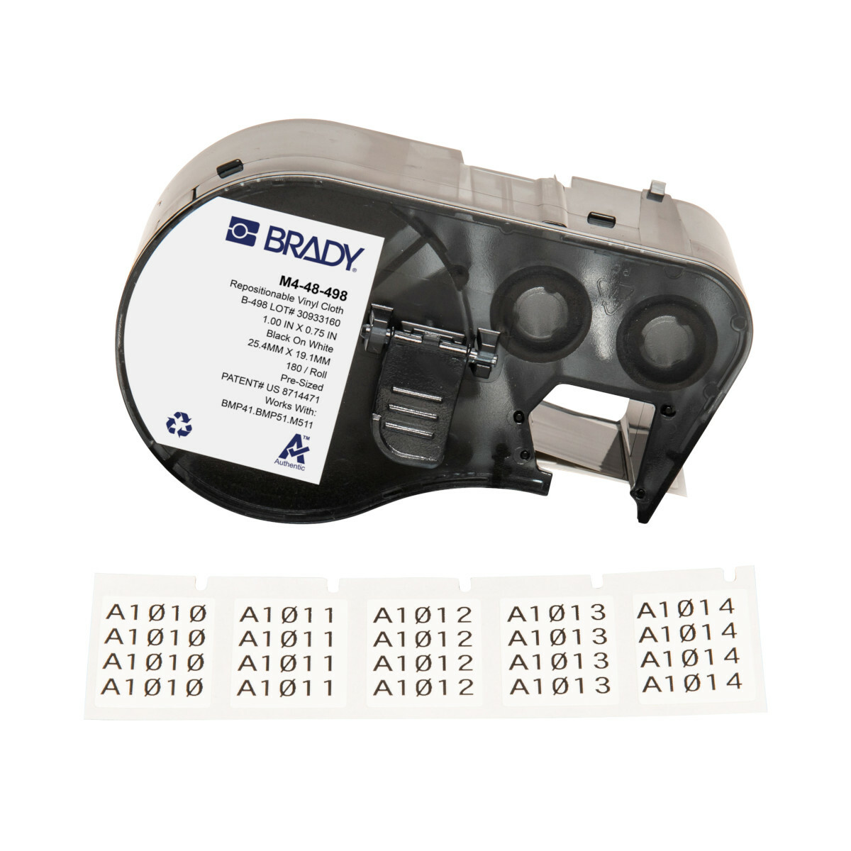 M4-48-498 Repositionable Wire and Component Label, 25.4 mm W, Black on White/Clear, B-498 Vinyl Cloth