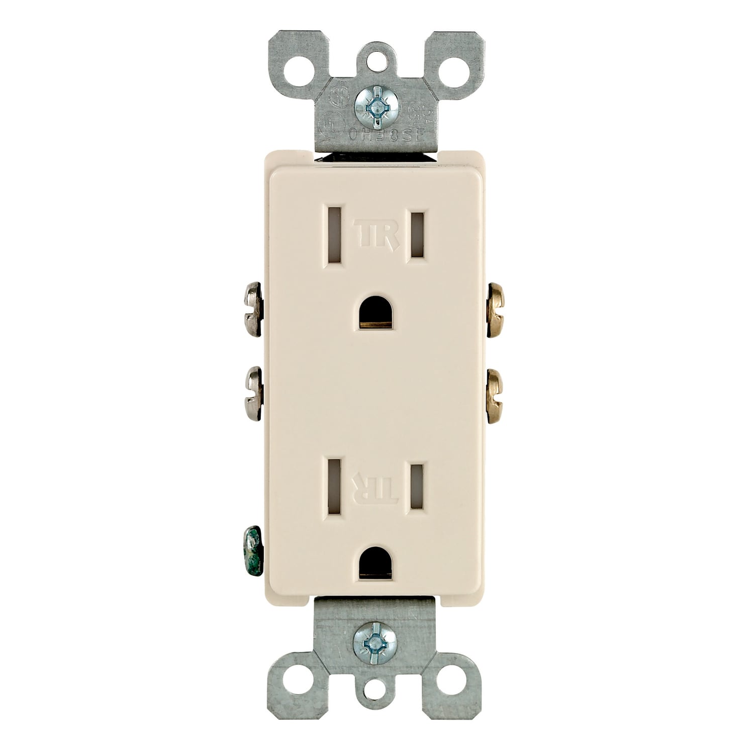 T5325-ST Duplex Self-Grounding Tamper-Resistant Straight Blade Receptacle, 125 V AC, 15 A, 2 Poles, 3 Wires, Light Almond