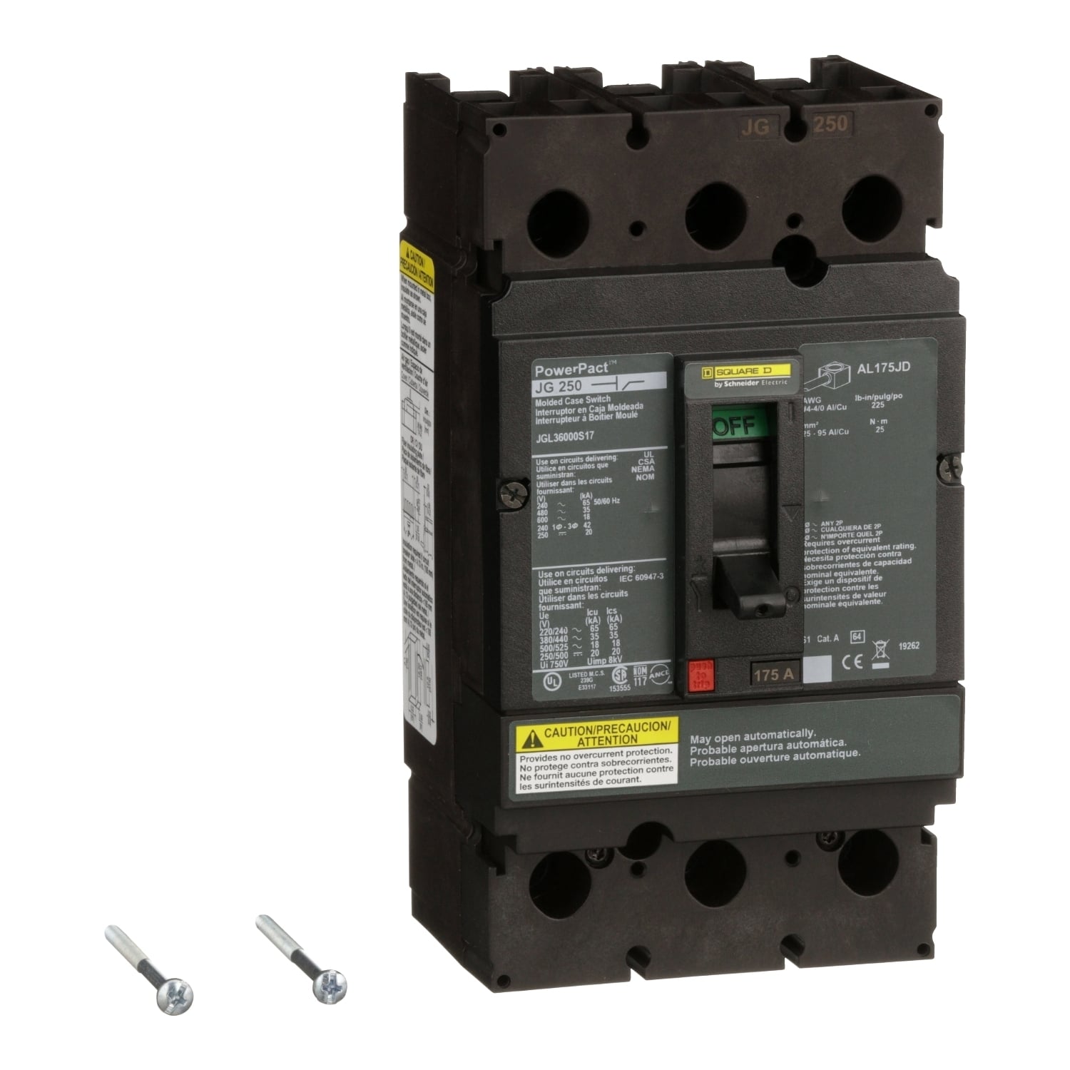 JGL36000S17 PowerPact Automatic Molded Case Switch, 600 V AC, 175 A, 65 kA at 240 V AC/35 kA at 480 V AC/18 kA at 600 V AC/20 kA at 250/500 VDC Interrupt, 3 Poles, Thermal Magnetic Trip