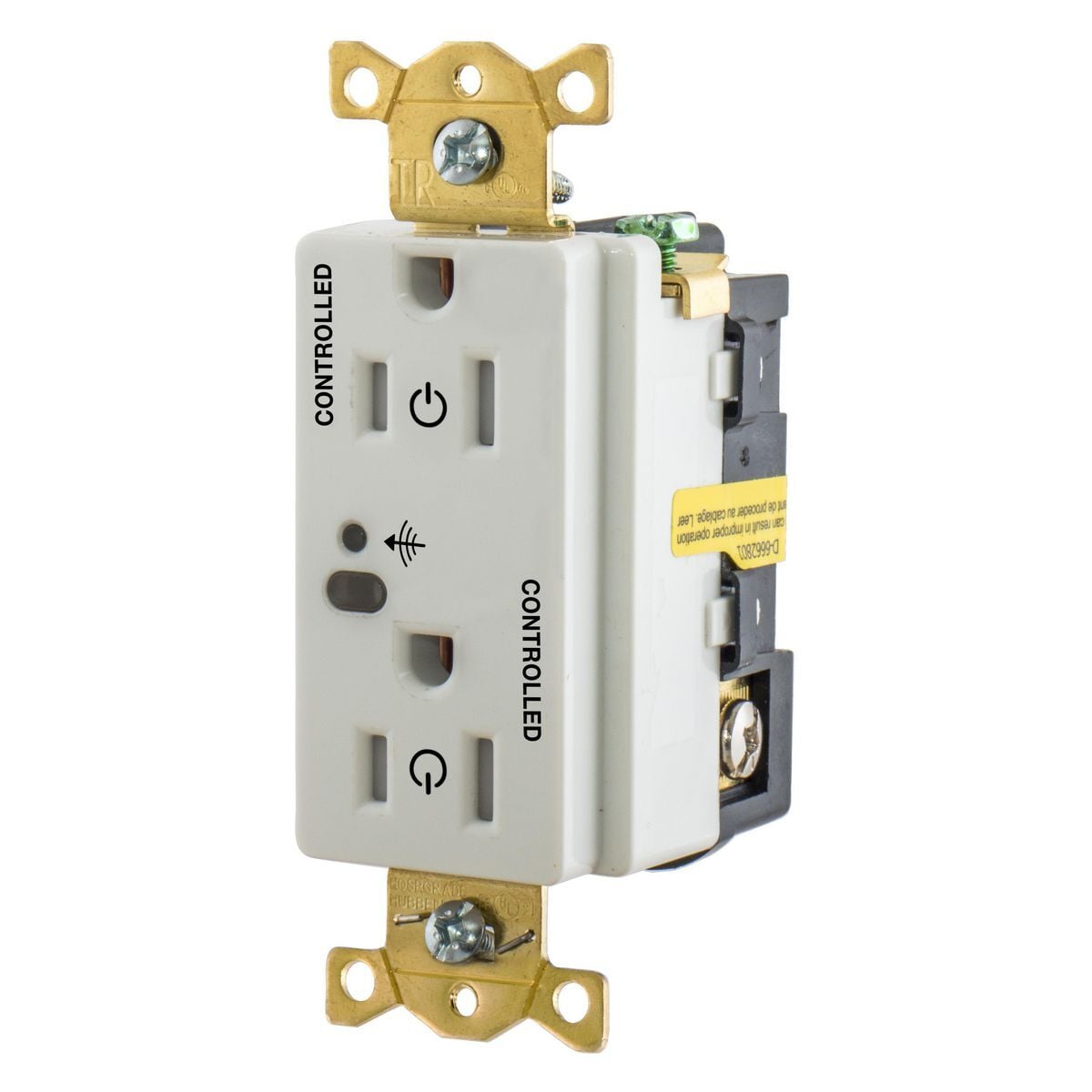 HBL5262RFC2W 1-Phase Duplex Fully Controlled Grounding Switched Wireless Standard Straight Blade Receptacle, 125 VAC, 15 A, 2 Poles, 3 Wires, White