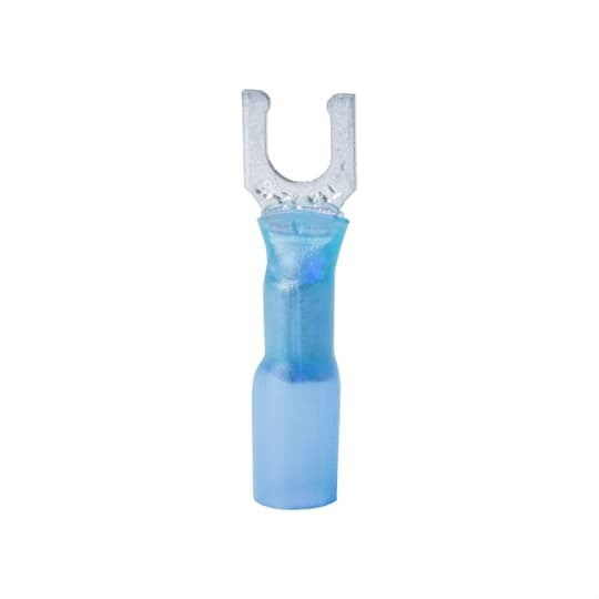 RBS14-6FLX Sta-Kon Heat Shrinkable Insulated Fork Terminal, 16 to 14 AWG Conductor, 1.35 in L, Brazed Seam/Serrated Barrel, Copper, Blue