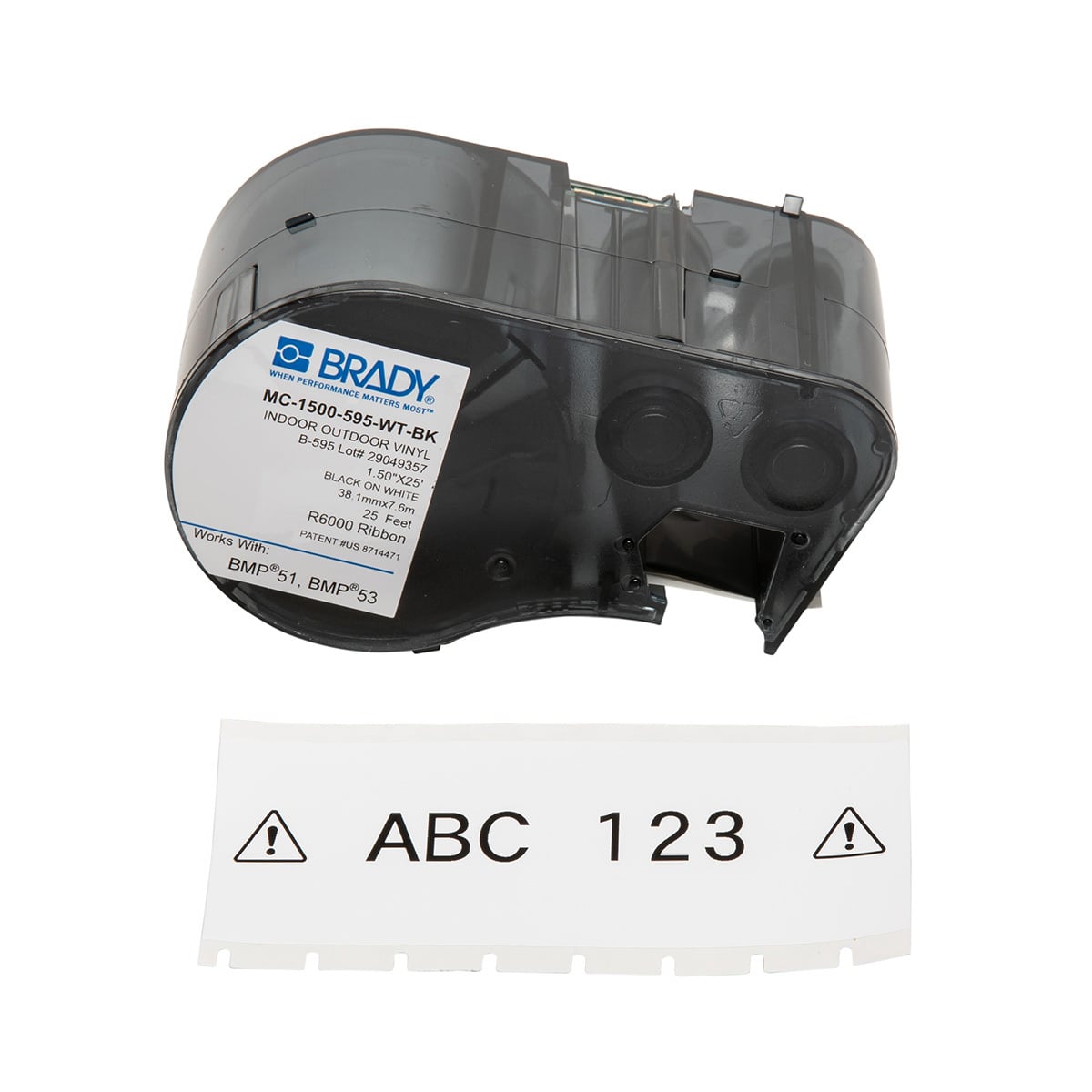 MC-1500-595-WT-BK M Series Label Maker Cartridge, 25 ft L x 1-1/2 in W, For Use With BMP 53 and BMP 51 Label Maker, B-595 Vinyl, Black on White