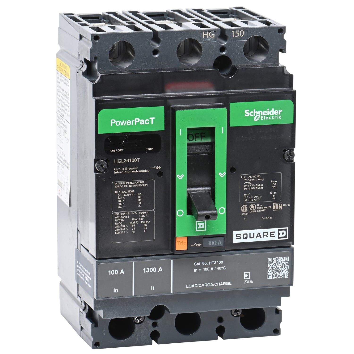 HGL36100T I-Line PowerPact Type HGL Complete Molded Case Circuit Breaker, 600 V AC/250 to 500 V DC, 100 A, 65 kA at 240 VAC/35 kA at 480 VAC/18 kA at 600 VAC/20 kA at 250/500 VDC Interrupt, 3 Poles, Thermal Magnetic Trip