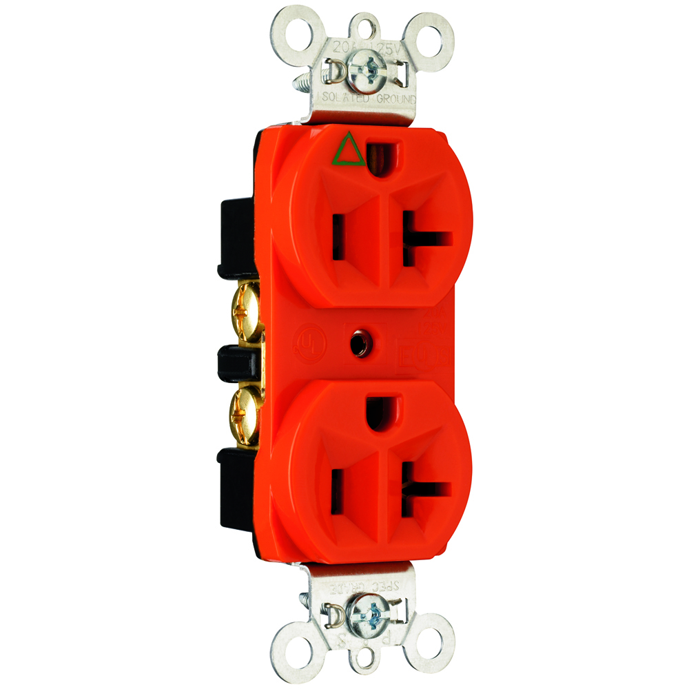 IG5362 20 Amp 125V  Isolated Ground Duplex Receptacle, Back and Side Wire, Orange