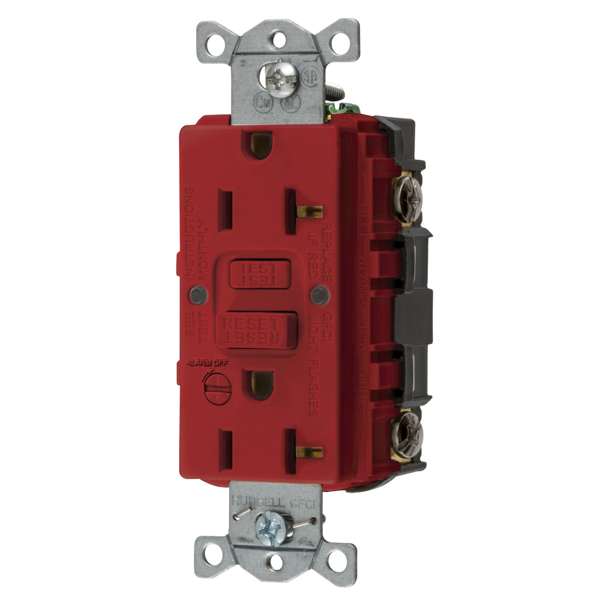 GFRST20RB 1-Phase Duplex Heavy Duty Self-Test Standard Straight Blade Screw Mount GFCI Receptacle With Alarm, 125 VAC, 20 A, 2 Poles, 3 Wires, Red