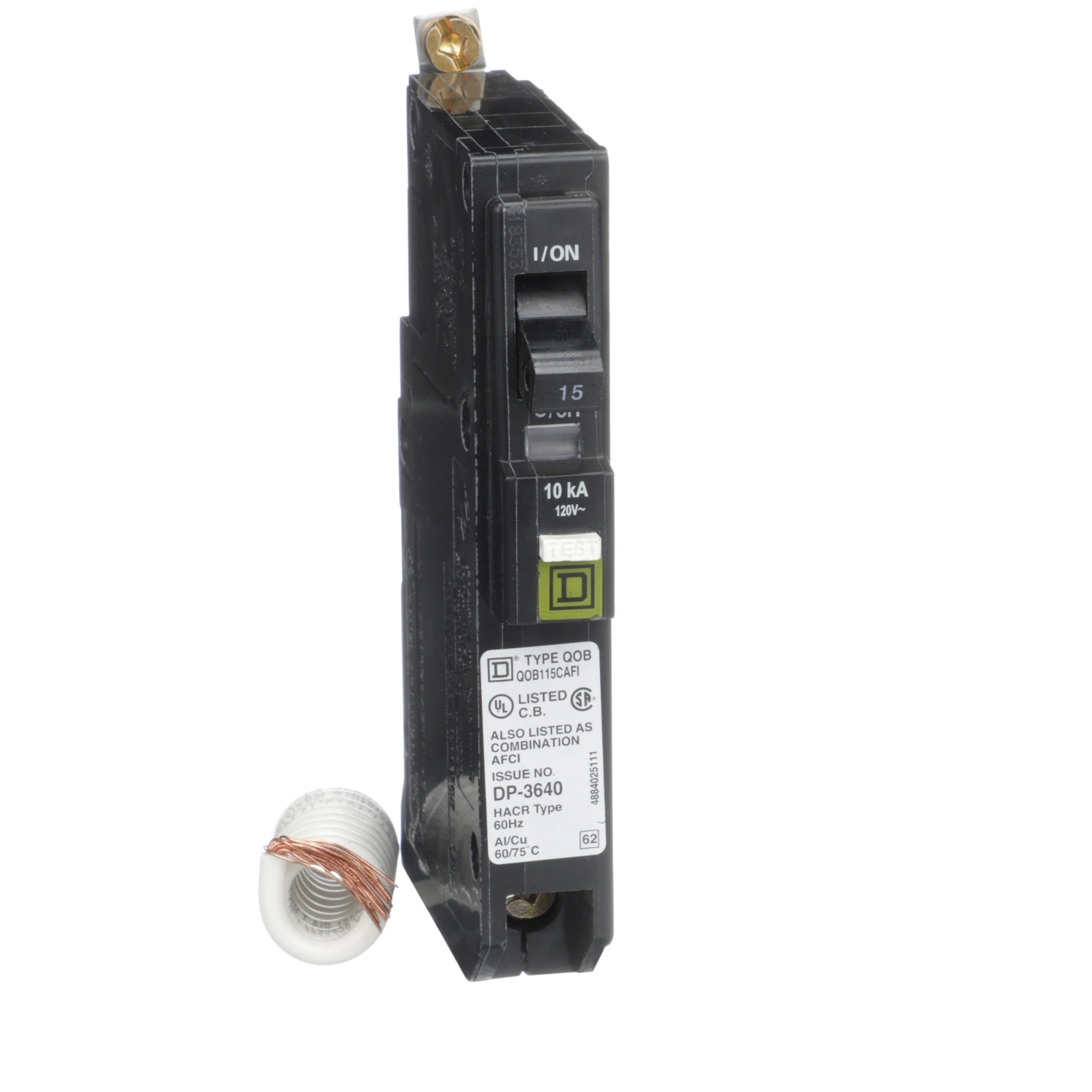 QOB115CAFI Miniature Circuit Breaker, 15 Amp, 1 Pole, 120/240V