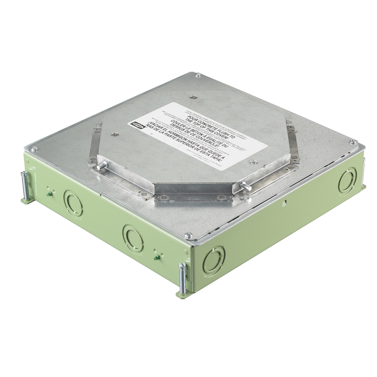 CFB4G25RCR Corrosion Resistant On-Grade Floor Box, Stamped Steel, 26.5 cu-in Capacity, 4 Gangs, 16 Knockouts, 11.2 in L x 12.09 in W x 3.85 in H