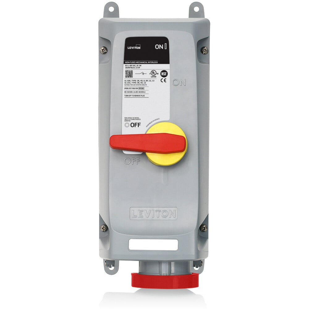 360MI7WLEV Non-Fused Watertight Pin and Sleeve Mechanical Interlock, 480 V AC, 60 A, 2 Poles, 3 Wires