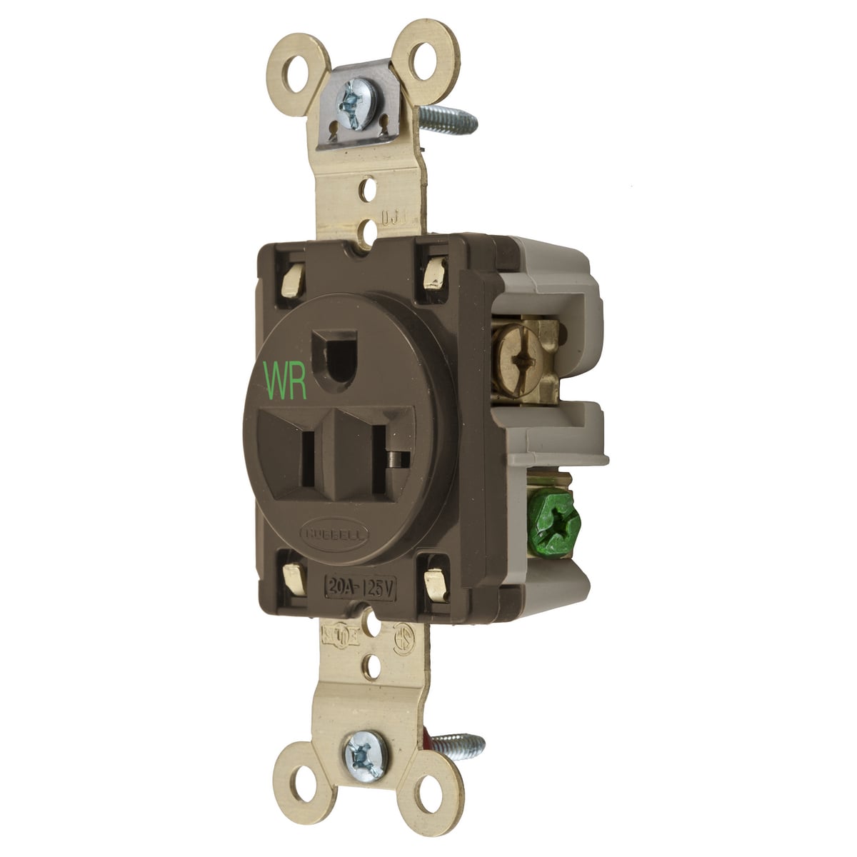 HBL5361WR Grounding Extra Heavy Duty Straight Blade Single Receptacle, 125 V AC, 20 A, 2 Poles, 3 Wires, Brown