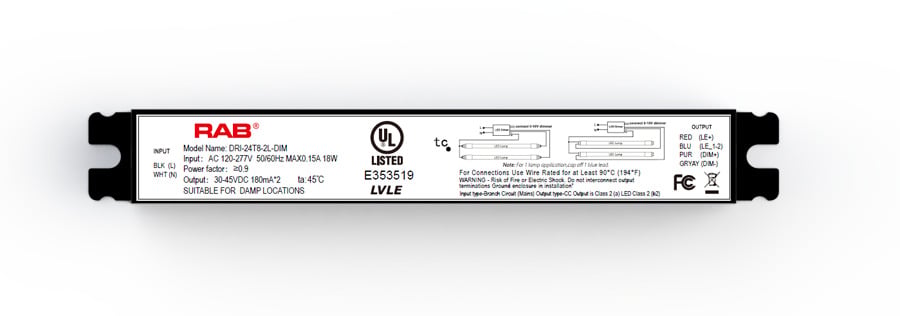 DRI-36/48T8-2L-DIM Type C LED Driver, 120 to 277 V AC Input, 30 to 45 V Output, 26 W Power Rating, 9-3/8 to 9-1/2 in L x 1-5/16 to 1-3/8 in W