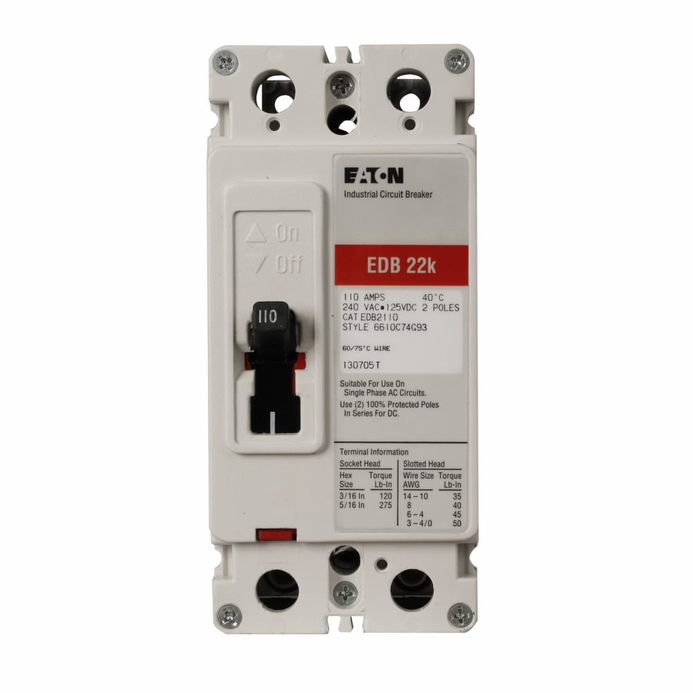 EDB2225L C Series Type EDB Molded Case Circuit Breaker, 240 V AC/125 V DC, 225 A, 22 kA Interrupt, 2 Poles, Thermal Magnetic Trip