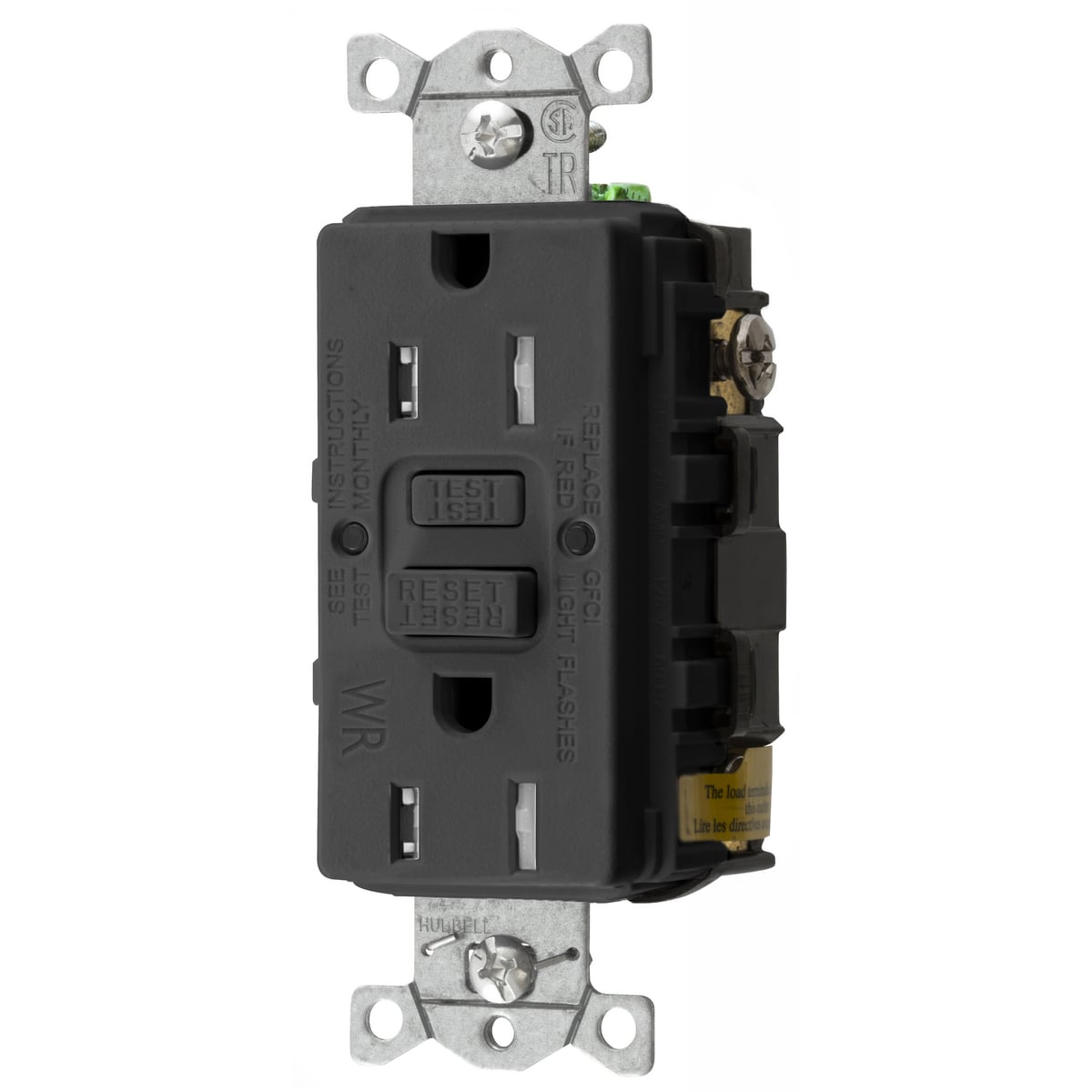 GFTWRST15BK 1-Phase Decorator Duplex Standard Self-Test Screw Mount GFCI Receptacle, 125 VAC, 15 A, 2 Poles, 3 Wires, Black
