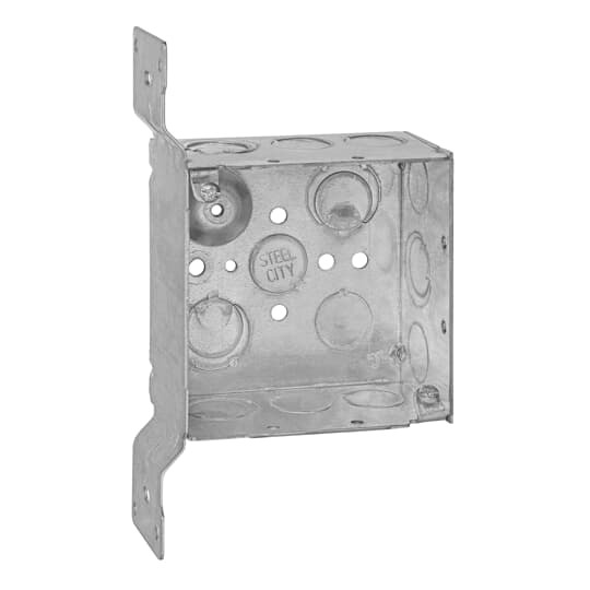 52171-CV1/2-3/4 Square Outlet Box with CV Bracket, Welded, Pre-galvanized Steel, 30.3 cubic inch capacity, Eccentric Knockouts, 4 inch x 4 inch x 2-1/8 inch