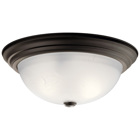 The current and pleasing lines of this flush mount ceiling fixture done in Olde Bronze(R)  finish with Satin-Etched Glass will blend into many decors. 3-Light, 60-W Max.  (M). Diameter 15 1/2in., Height 6 1/2 in..