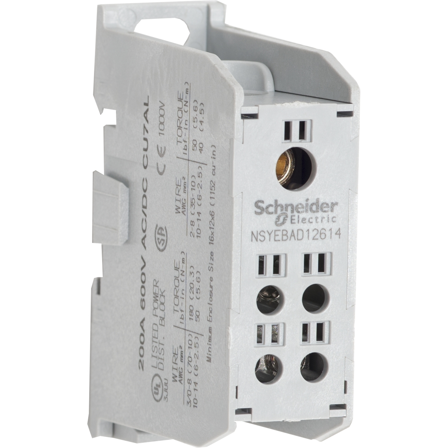 NSYEBCD12614 Power Distribution Block, 600 V AC/DC, 200 A, 14 to 3/0 AWG Cu Line, 14 to 2 AWG Cu Load Wire, Thermoplastic