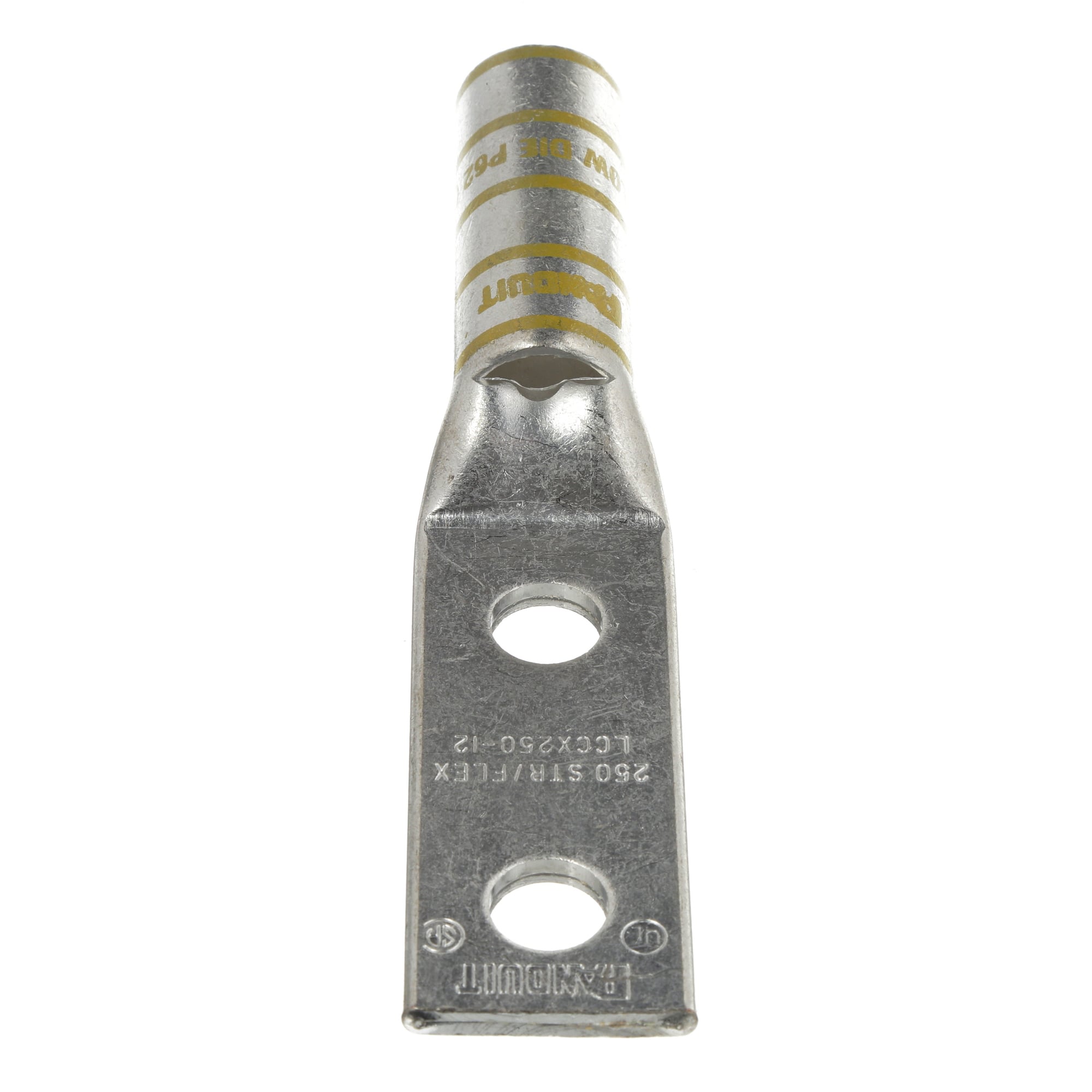 LCCX250-12-X Pan-Lug 2-Hole Compression Lug Connector With Inspection Window, 250 kcmil, 262.6 kcmil Flexible Copper Conductor, Die Code: P62, 1/2 in Stud, Tin Plated Copper