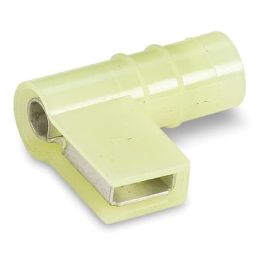 RC2577FM Sta-Kon 250 90 deg Flag Open Top Female Disconnect, 12 to 10 AWG Conductor, 0.25 in W x 0.032 in THK Tab, Brazed Seam Barrel, Brass, Yellow, Insulated