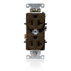 20 Amp, 125 Volt, NEMA 5-20R, 2P, 3W, Duplex Receptacle, Indented Face, Straight Blade, Fed Spec, Heavy Duty Industrial Specification Grade, Self-Grounding, Back & Side Wired, Steel Strap  BROWN
