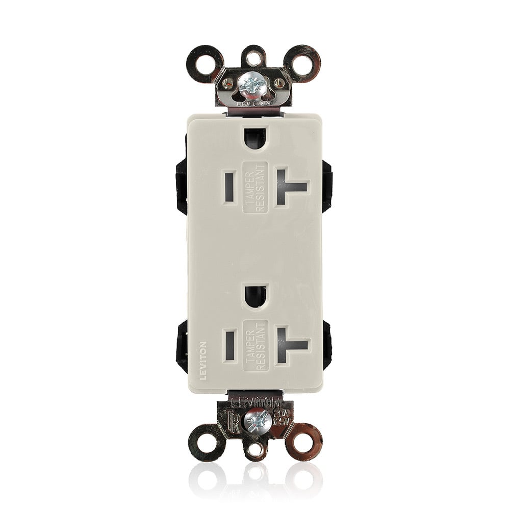 MT163-T Decora Plus Lev-Lok 1-Phase Duplex Heavy Duty Self-Grounding Tamper Resistant Straight Blade Receptacle, 125 V AC, 20 A, 2 Poles, 3 Wires, Light Almond