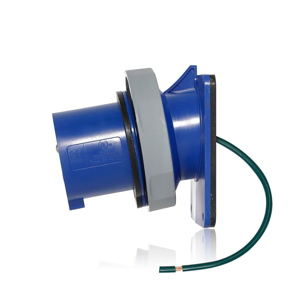 430B9WLEV 3-Phase 9-Clock Position Dust/Watertight Pin and Sleeve Inlet, 250 V AC, 30 A, 3 Poles, 4 Wires, Blue