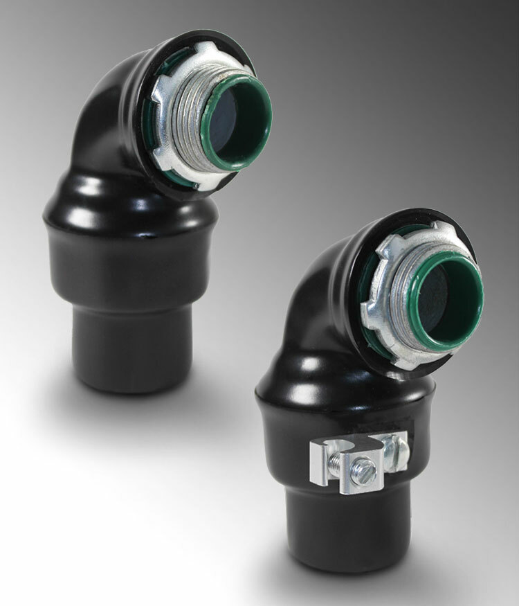 PV2000LT20090G Liquid Tight Conduit Connector With Ground, 2 in Trade, 90 deg, Steel, Galvanized/PVC Coated