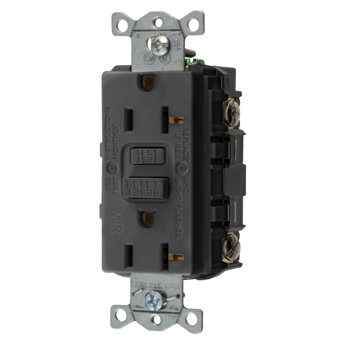 GFWRST20BK 1-Phase Decorator Duplex Heavy Duty Standard Self-Test Weather-Resistant Screw Mount GFCI Receptacle, 125 VAC, 20 A, 2 Poles, 3 Wires, Black