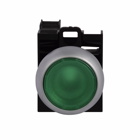 Eaton M22 modular pushbutton, Complete Device, 22.5 mm, Flush, Momentary, Illuminated, Bezel: Silver, Button: Green, 1NO, IP67, IP69K, NEMA 4X, 13, 12-30 Vac/dc
