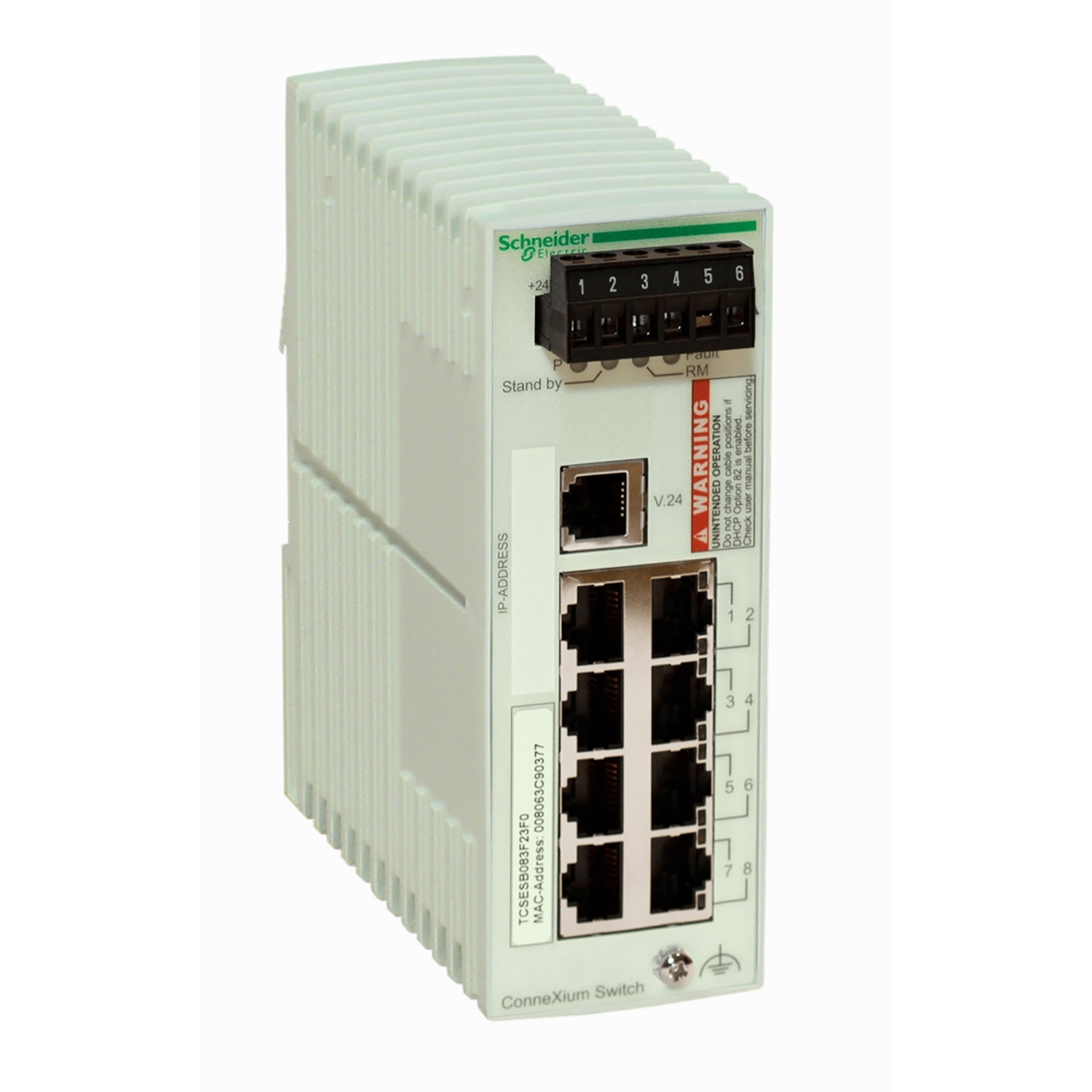TCSESB083F23F0 ConneXium 8-Port Basic Transparent Ready Ethernet Managed Switch, 10BASE-T/100BASE-TX Port, Ethernet TCP/IP Protocol