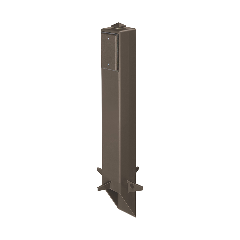 Gard-N-Post. 26" support for outdoor light fixtures or GFCI devices outdoors. Openings on both sides of post for back to back power or power on one side and low voltage on the other. Built in stabilizers for extra stability. Openings in stabilizers allow for insertion of extra support material. Angle Cut post for easy access to underground wiring. Two 1/2" Knockouts. Color Bronze. Color is permanent, no chipping.