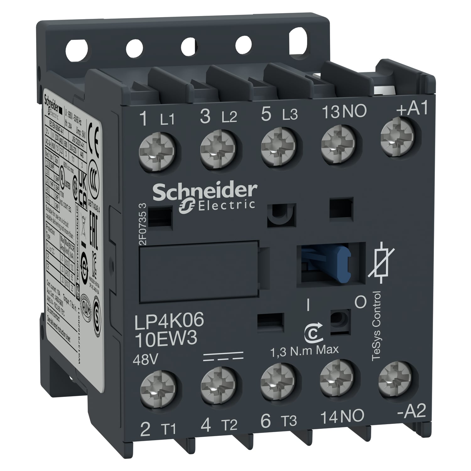 LP4K0610EW3 TeSys K Contactor, 690 V AC V Coil, 6 A, 1NO-3NO Contact, 3 Poles