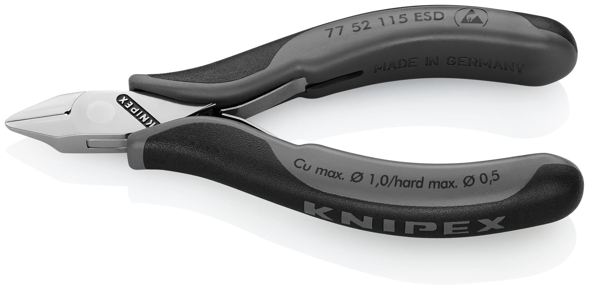 Electronics Diagonal Cutters-ESD Handles, 4 1/2 in., Multi-component, Polished, Semi-flush with Small Bevel Cut, Tapered Head, Up to 1/64 in. Hard Wire